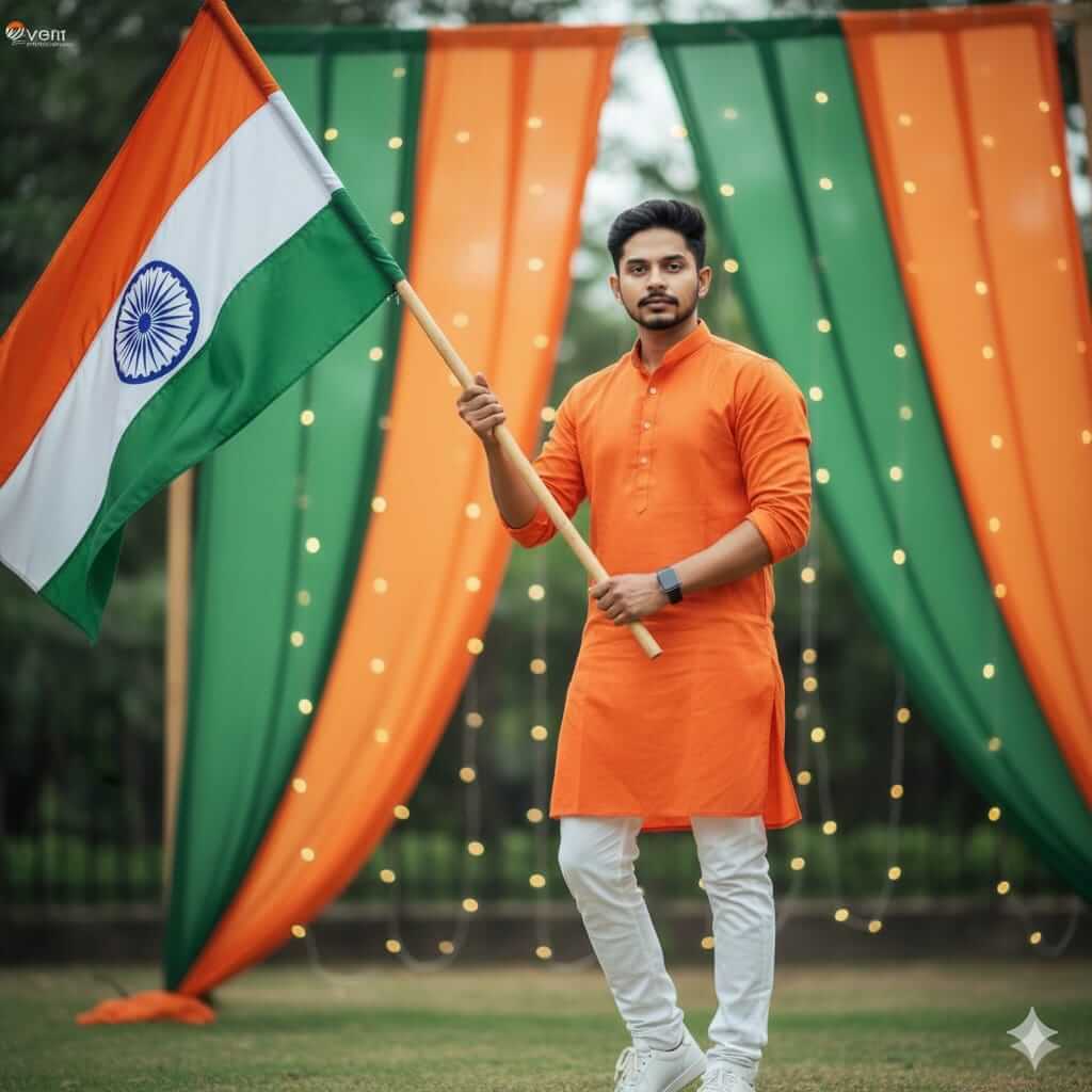 Patriotic Portrait Holding Indian Flag In Orange Kurta Republic Vibe