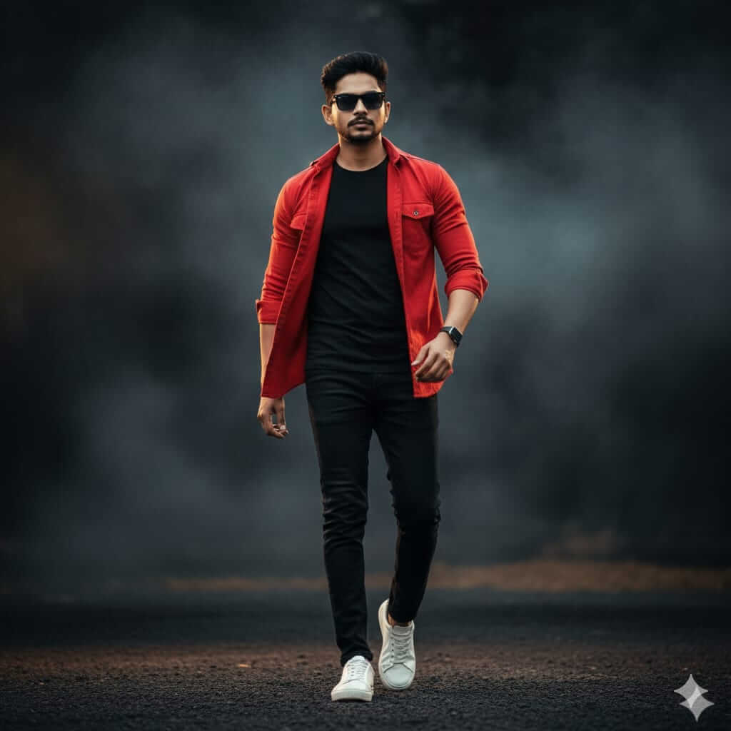 Cinematic Red Jacket Fashion Walk Portrait With Smoke And Attitude