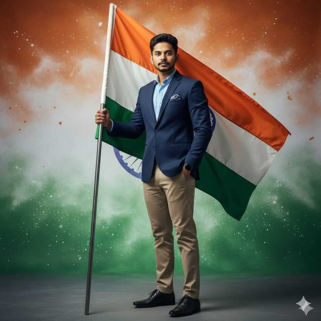 Patriotic Blazer Portrait Holding Indian Flag With Luxury Editorial Style