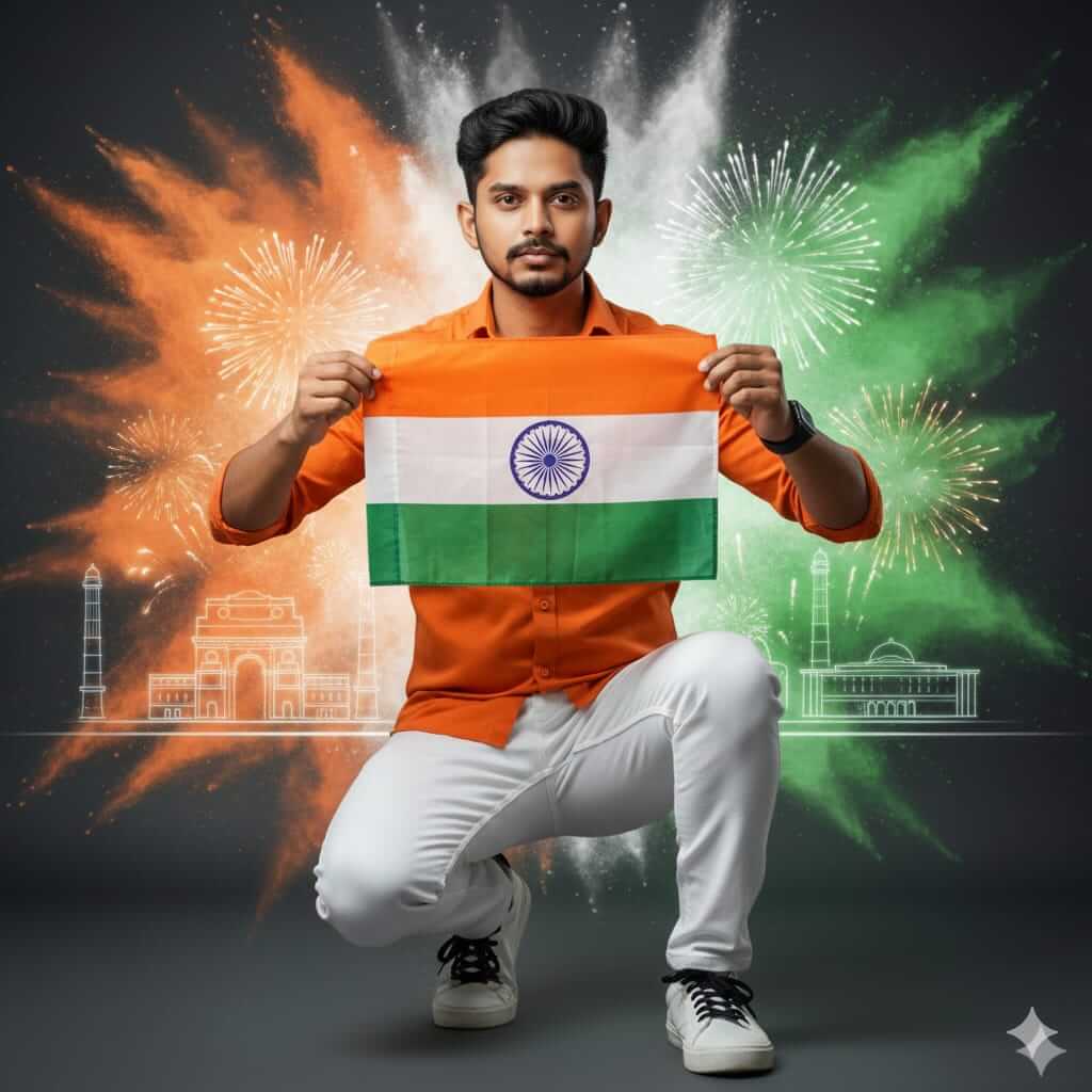 Patriotic Kneeling Portrait Holding Indian Flag With Tricolor Poster Background