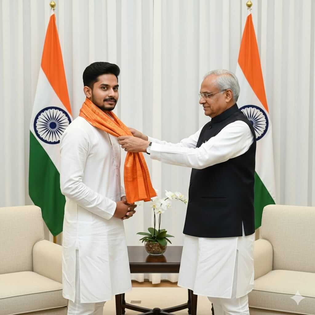 Official Honour Ceremony Portrait With Orange Shawl And Proud Humility
