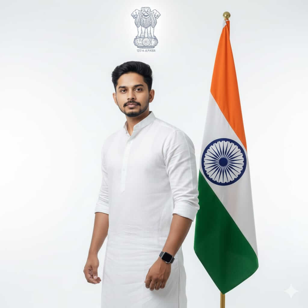 Government Style Patriotic Portrait In White Kurta With Flag And Emblem