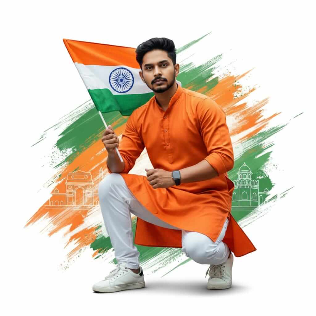 Cinematic Patriotic Poster With Crouching Pose Flag And Youth Power