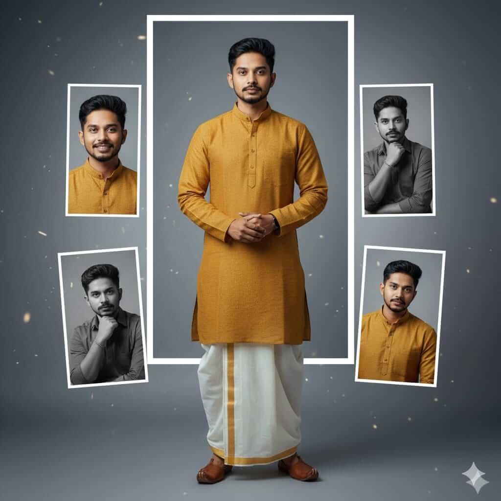 Traditional Portrait Collage With Mustard Kurta Dhoti And Cinematic Frames