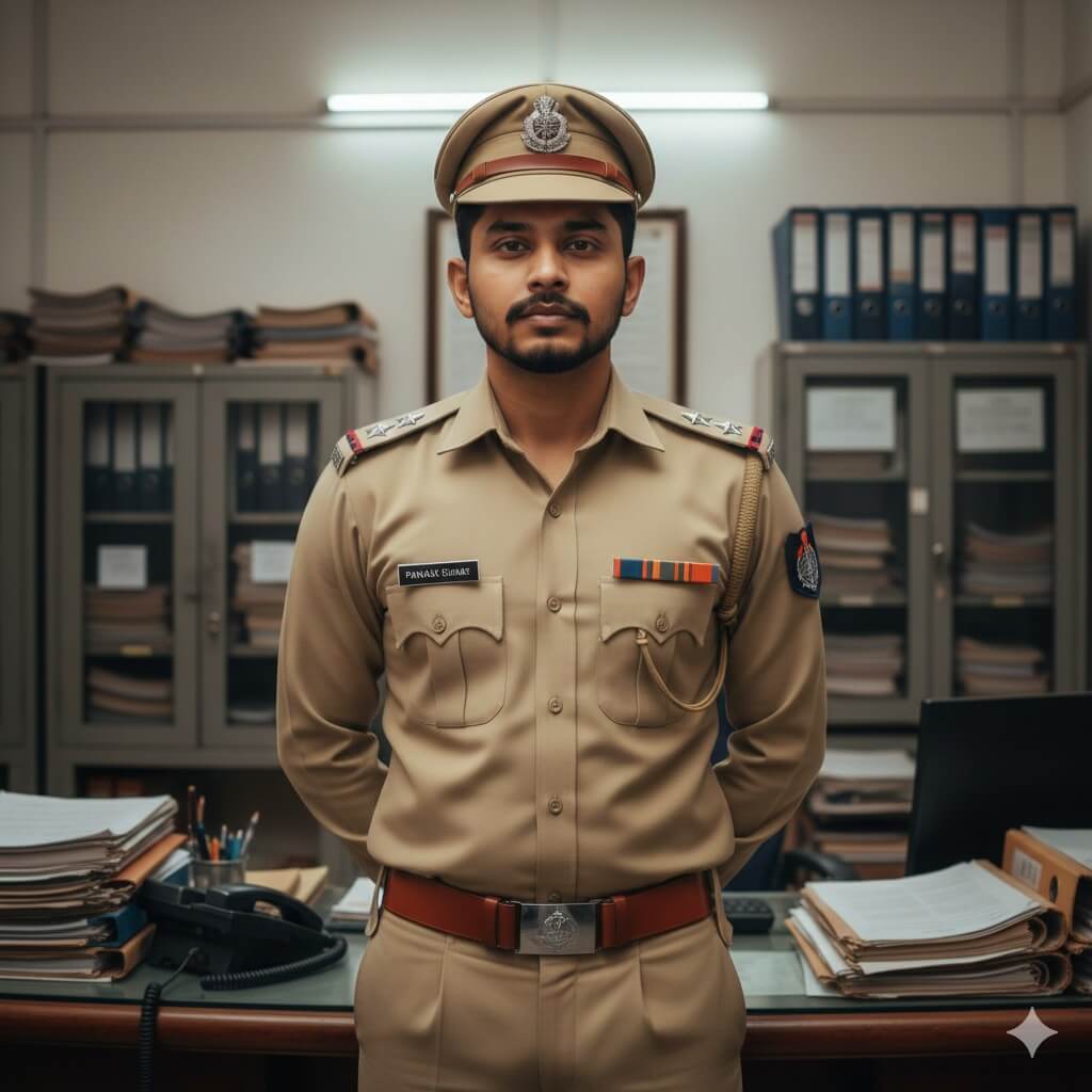 Photorealistic Uttar Pradesh Police ASI Portrait in Official Uniform with Realistic Office Background Indoor Lighting