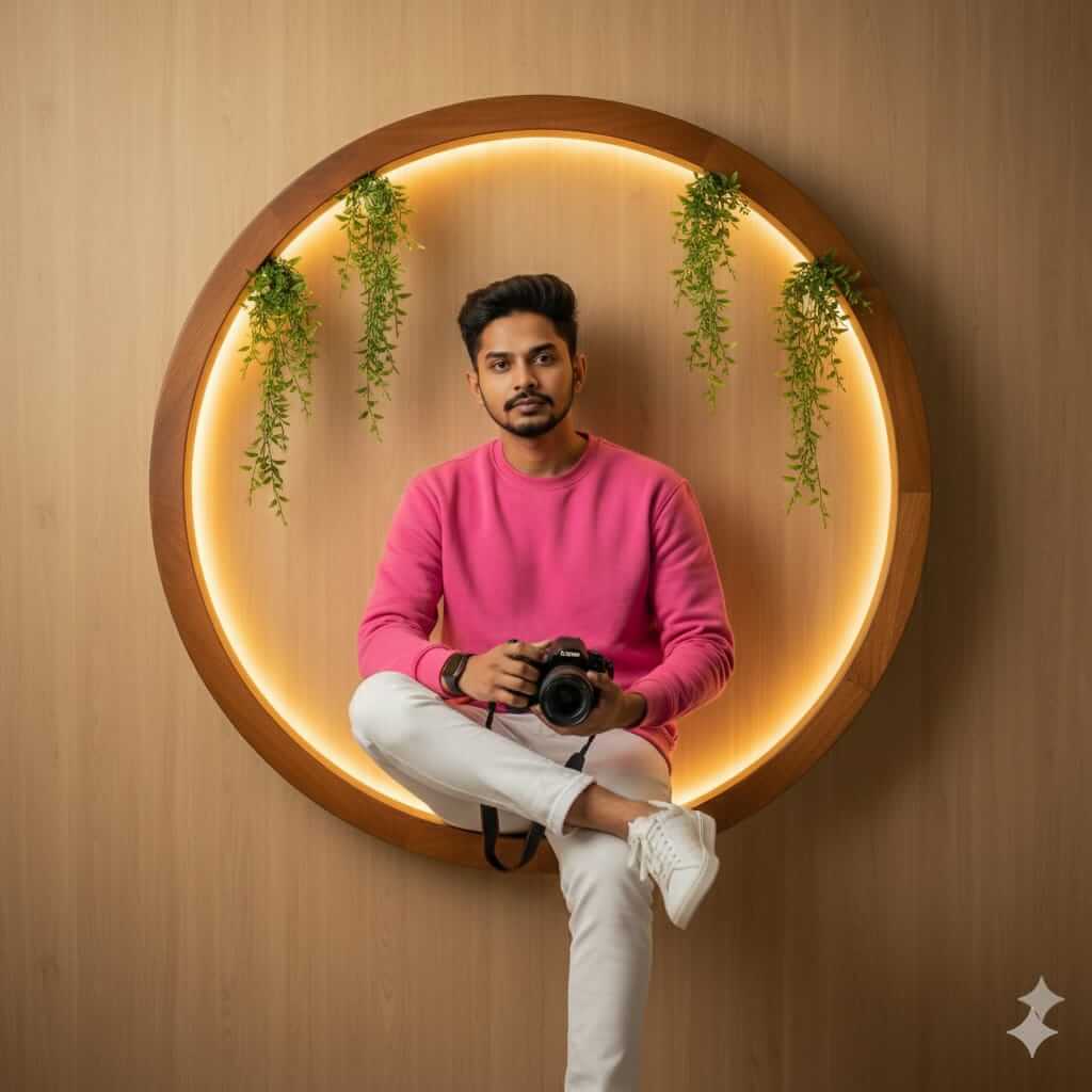 Ultra-Realistic Aesthetic Indoor Portrait of Young Indian Man with Camera in Modern Mirror Frame
