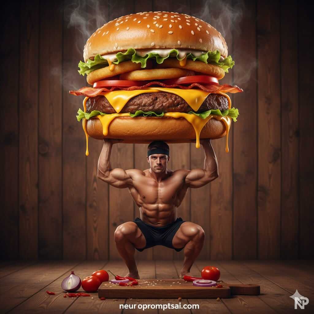 Powerlifting Cheeseburger Ultimate Muscle Meets Massive Flavor In Cinematic Food Poster