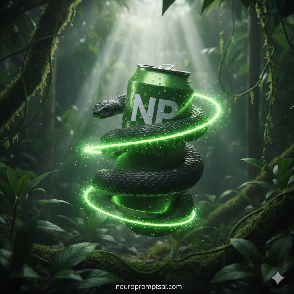 Neon Jungle Energy Drink Power Wrapped In Snake Cinematic Rainforest Storm