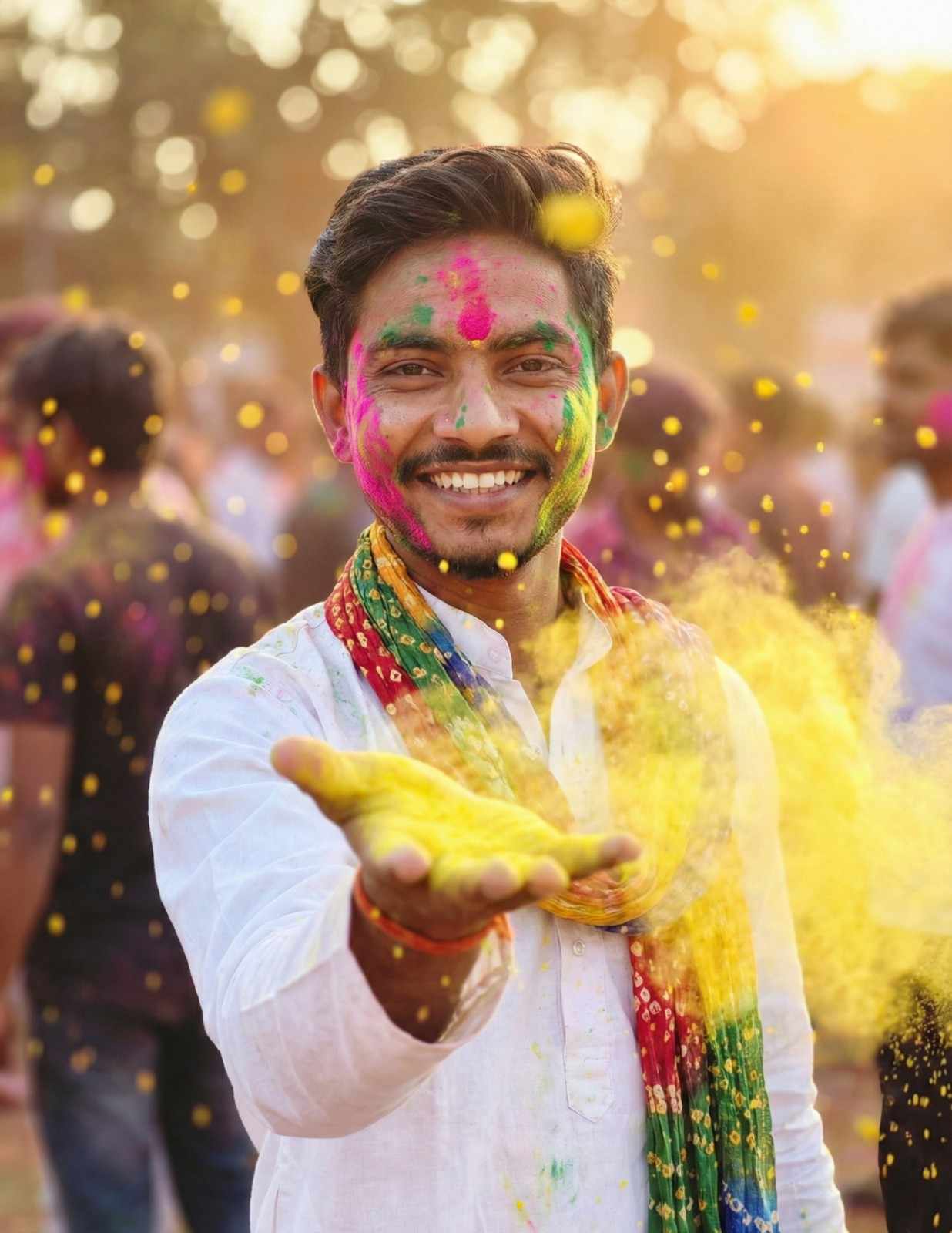 Ultra Realistic Indian Man Celebrating Holi With Yellow Gulal In Traditional White Kurta Portrait