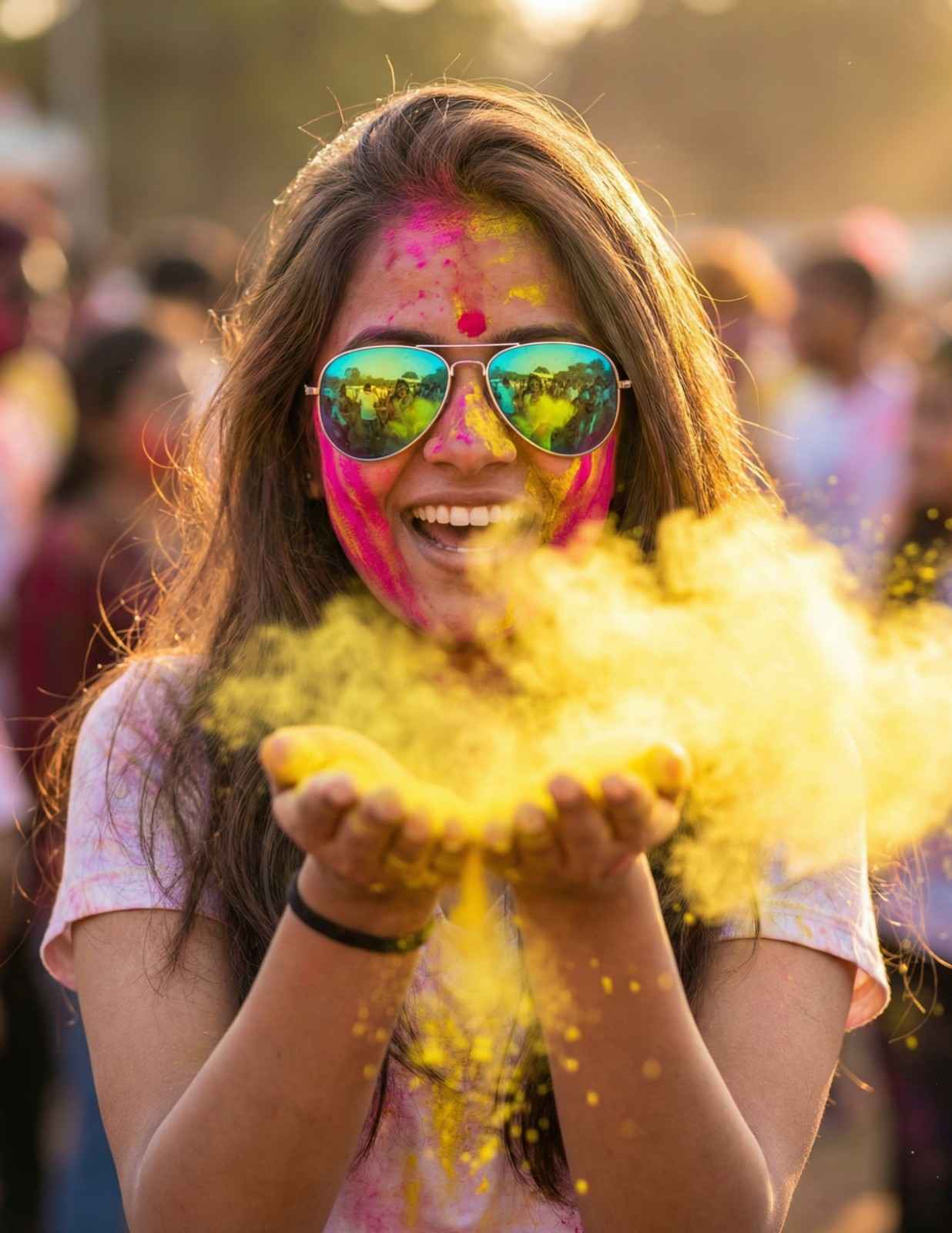 Ultra Realistic Young Woman Celebrating Holi With Yellow Gulal Powder Wearing Reflective Aviator Sunglasses Portrait