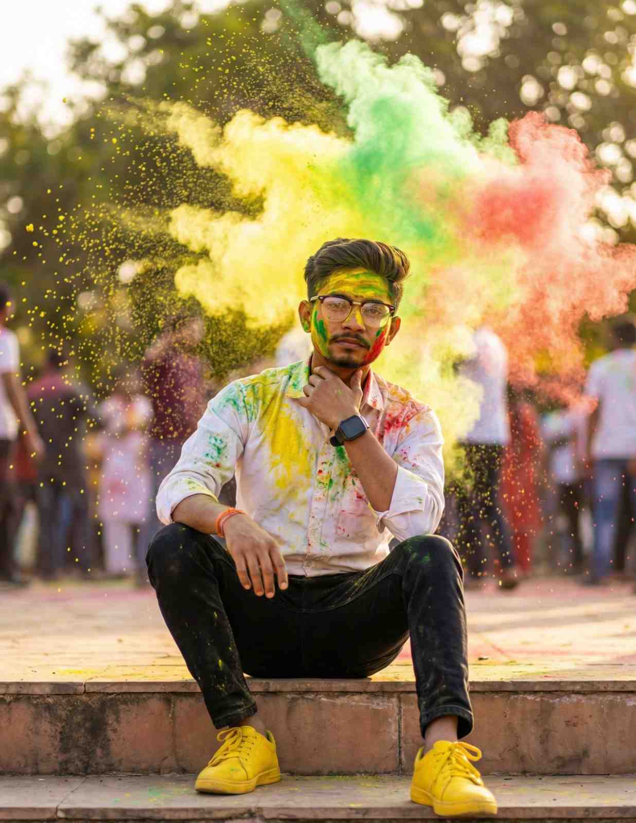 Ultra Realistic Stylish Indian Man Sitting During Holi With Colorful Powder Explosion Outdoor Portrait
